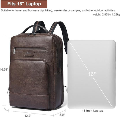 Shrrie Leather Laptop Backpack for Women and Men,28 L Travel Backpack Computer Bag Fits 16 inch Laptop,Expandable Casual Daypack with USB Charging Port for Work Business Weekender College,Coffee