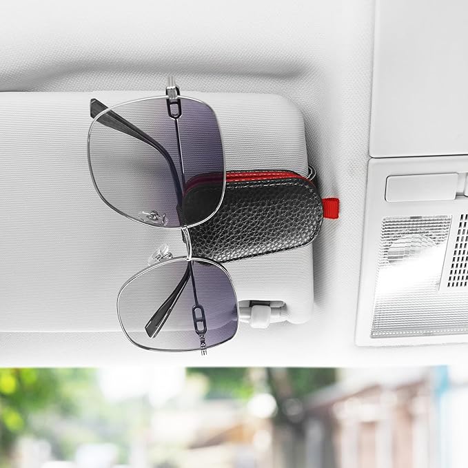 SINGARO Sunglasses Holder for Car, Leather Magnetic Buckle Sun Visor Sunglass Clip, Ticket Card Storage Glasses Clip, Car Interior Accessories for Men and Women（2PCS Black-red）