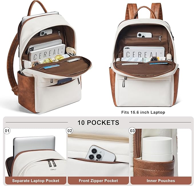 Vegan Leather Backpack for Women and Men, Fits 16.0 Inch Laptop, Multi-Pocket Design with Water Bottle and Luggage Strap, Ideal for Work, Travel, and Daily Use, Beige