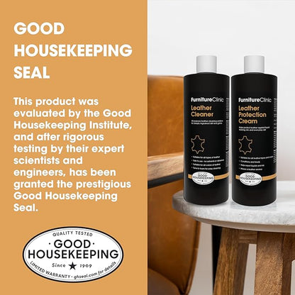 Furniture Clinic Large Leather Care Kit | Leather Cleaner + Conditioning Protection Cream for Furniture | Two 17oz Bottles + 1 Sponge & 1 Cloth | Restore Leather Couches, Car Seats, Jackets, & Boots
