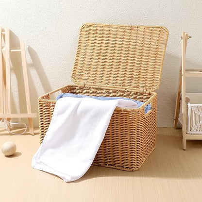 DOITOOL Woven Storage Basket with Lid and Frame Multipurpose Cube Storage Box for Clothing Toys and Sundries Large 12.59 X 8.66 X 7.08 Inch Organizer for Home and Bedroom
