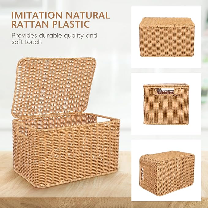 DOITOOL Woven Storage Basket with Lid and Frame Multipurpose Cube Storage Box for Clothing Toys and Sundries Large 12.59 X 8.66 X 7.08 Inch Organizer for Home and Bedroom