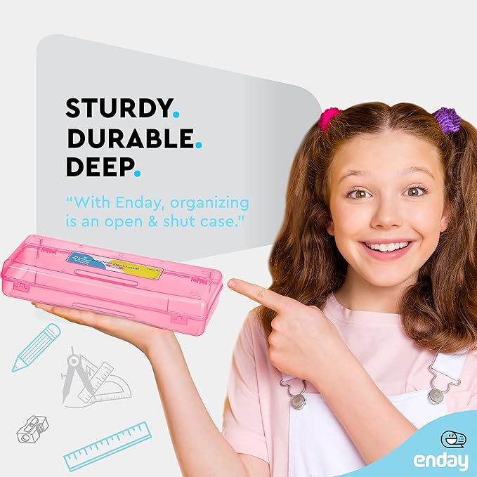 Enday Pencil Box Pink, Storage Organizer Utility Box, Multipurpose Long Ruler Length School Office Supplies Plastic Pencil Case for Kids & Adults Available in Red, Green, Grey, Purple, Blue, 1PK