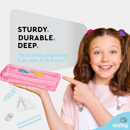 Enday Pencil Box Pink, Storage Organizer Utility Box, Multipurpose Long Ruler Length School Office Supplies Plastic Pencil Case for Kids & Adults Available in Red, Green, Grey, Purple, Blue, 1PK
