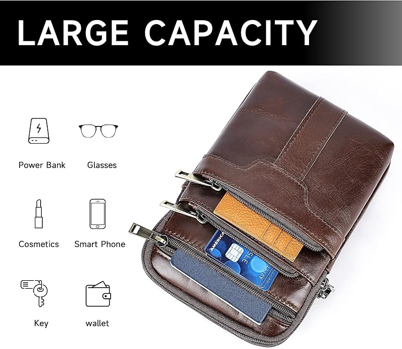 MASIWEI Real Leather Crossbody Bag for Men Women Hiking Small Purse Convertible Belt Loop Shoulder Bag for Phone Passport