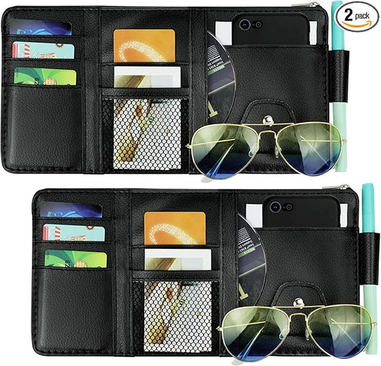 Car Sun Visor Organizer, Leather Pocket Organizer Sunglass Holder for Car Interior Accessories with Multi-Pocket Net Zipper (2 Pack Black)