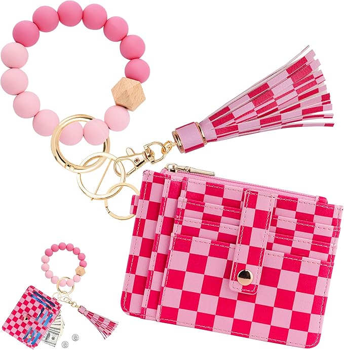 KNGITRYI Wallet Keychain Wristlet for Women,Slim RFID Credit Card Holder Purse Tassel Keychain Bangle Key Ring for Men Women