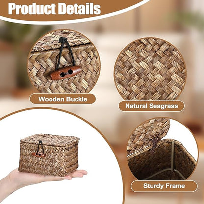 Hipiwe Handwoven Seagrass Basket Bin Small Decorative Shelf Basket Boxes with Lid Wicker Storage Baskets Bins Multipurpose Table Organizer for Key Home Decor, 4.7"L x 4.7"W x 3"H