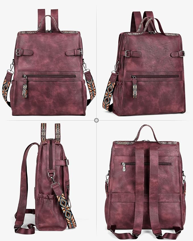 FADEON Leather Laptop Backpack for Women, Designer Ladies Work Travel Computer Backpack with Laptop Compartment Purse Red