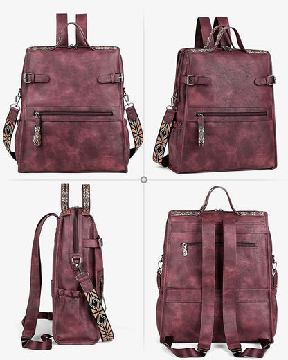 FADEON Leather Laptop Backpack for Women, Designer Ladies Work Travel Computer Backpack with Laptop Compartment Purse Red