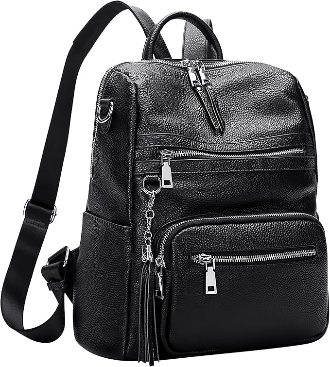 ALTOSY Genuine Leather Backpack Purse for Women Large Shoulder Bag With Laptop Compartment Multiple Pockets(S106 Black)