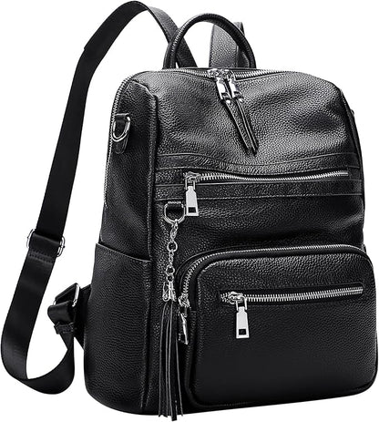 ALTOSY Genuine Leather Backpack Purse for Women Large Shoulder Bag With Laptop Compartment Multiple Pockets(S106 Black)