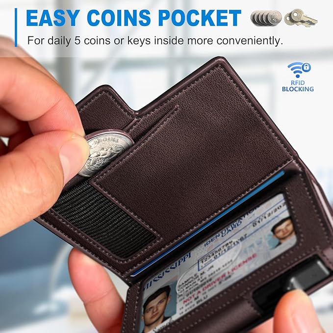 miyozi Wallet for Men, Magnetic Minimalist Slim Wallet with Pop Up Card Holder, 9 Cards RFID Blocking Metal Credit Card Case, Leather Wrapped Money Clip, ID Window & Small Item Slot, Gift Boxed