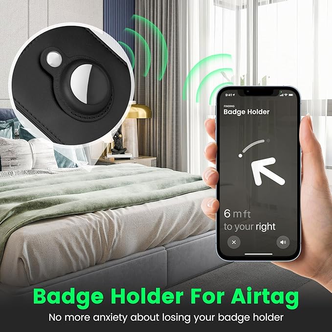 TALONITE Badge Holder for AirTag, PU Leather ID Badge Holder with 1 Clear ID Window & 2 Credit Card Slot & 1 Detachable Neck Lanyard