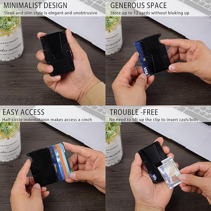 Minimalist Slim Wallet for Men,RFID Blocking Metal Wallet,Aluminum Credit Card Holder & Money Clip 12-15 Cards,Slim Rfid Front Pocket Mens Wallet,Leather Black
