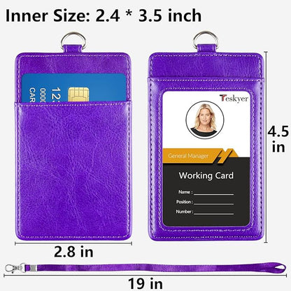 Teskyer Badge Holder with Lanyard, Leather ID Name Badge Card Holder with Lanyard for ID Badges, Vertical Purple