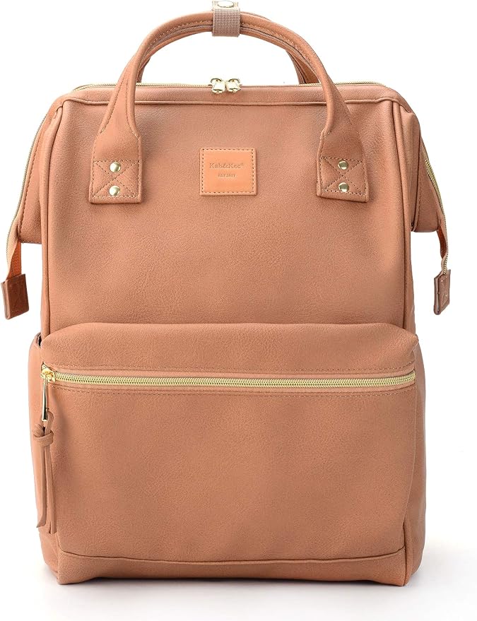 Kah&Kee Leather Laptop Backpack for Women, 14-15 Inch Professional Work Bag, Water-Resistant Vegan Leather Doctor Bag Backpack for Teacher, Nurse & Travel, Fits MacBook Air 15 (Tan Pink,Medium)