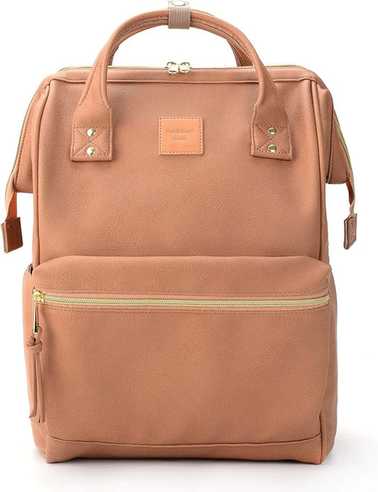 Kah&Kee Leather Laptop Backpack for Women, 14-15 Inch Professional Work Bag, Water-Resistant Vegan Leather Doctor Bag Backpack for Teacher, Nurse & Travel, Fits MacBook Air 15 (Tan Pink,Medium)
