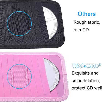 Car CD Case Holder, Wisdompro Vehicle Sun Visor Organizer for Cars with 12 DVD Storage Sleeves, 1 Mesh Pocket, 1 Pen Holder and Elastic Strap, Pink
