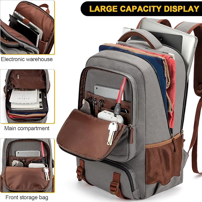 Tzowla Canvas Laptop Backpack, Bag for Men Women,Travel Work Rucksack Fits 15.6 Inch Laptop, Large Capacity Bookbag(Khaki- Grey)