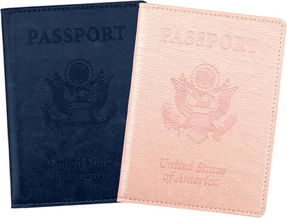 Passport Holder, Passport Cover, Passport Holder for Women, 2 Pack Travel Passport Wallet, Leather Passport Case, Passport Protector International Travel Must Haves, Dark Blue+Rose Gold