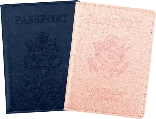 Passport Holder, Passport Cover, Passport Holder for Women, 2 Pack Travel Passport Wallet, Leather Passport Case, Passport Protector International Travel Must Haves, Dark Blue+Rose Gold