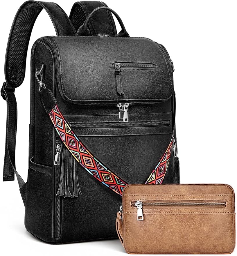 SYTRAH Leather Laptop Backpack for Women Designer Laptop Bag, 16.5 inch Travel Computer Backpacks Purse with Tassel for Work Business with Satchel Purse Black