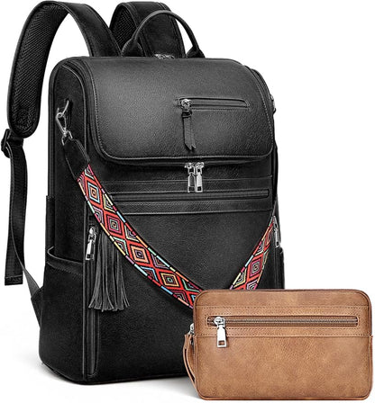 SYTRAH Leather Laptop Backpack for Women Designer Laptop Bag, 16.5 inch Travel Computer Backpacks Purse with Tassel for Work Business with Satchel Purse Black