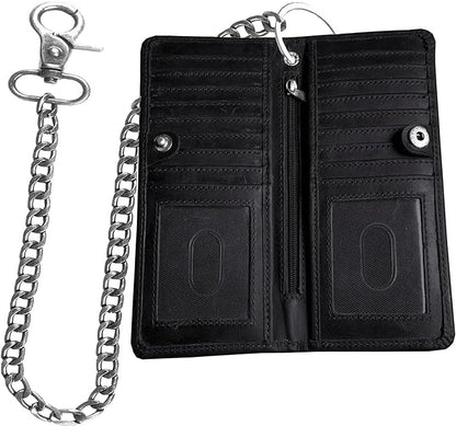 IBRO Long Bifold Chain Wallet – RFID Blocking Biker Wallet for Men – Premium Leather Motorcycle Chain Wallet Crazy Horse Black
