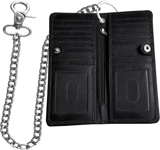 IBRO Long Bifold Chain Wallet – RFID Blocking Biker Wallet for Men – Premium Leather Motorcycle Chain Wallet Crazy Horse Black