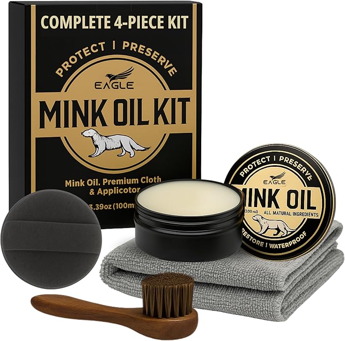 4-in-1 Mink Oil Leather Conditioner Kit – 3.52oz Waterproof Paste with Horsehair Brush, Sponge & Microfiber Cloth – Leather Cleaner & Protector for Boots, Shoes, Jackets, Saddles & Bags