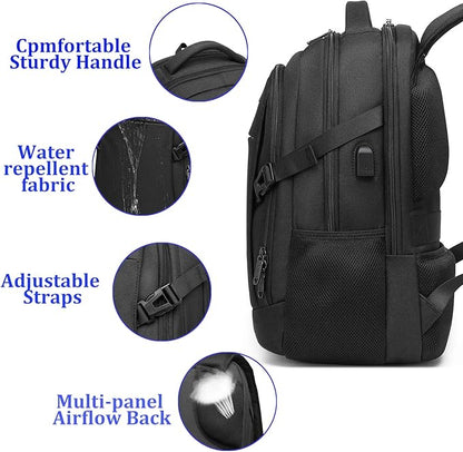 DUSLANG Travel Work Laptop Backpack With USB Charging Charger Port Fits 15.6 Inch Notebook Business Anti Theft College Computer Bag Back Pack for Women Men with Rain Cover - Black