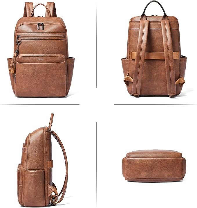 Leather Laptop Backpack for Women,Leather Backpack with Laptop Compartment Fit 15.6 inch Laptops,Carry-on Travel Backpacks,Casual Daypack for Work Business Weekender College,Brown