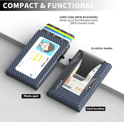 Wallet for Men Slim Minimalist Pop-up Smart Holds 5-6 Cards - RFID Blocking Metal with Money Clip, Credit Card Holder & ID Window,Business Card Cases, men accessories (Carbon Blue)