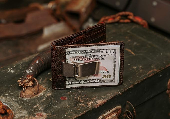House of Jack Co. Deacon Bifold Money Clip Wallet for Men – Slim Front Pocket Leather Wallet with Metal Cash Clip, Exterior ID Window & Card Holder, Full-Grain Cowhide, Brown