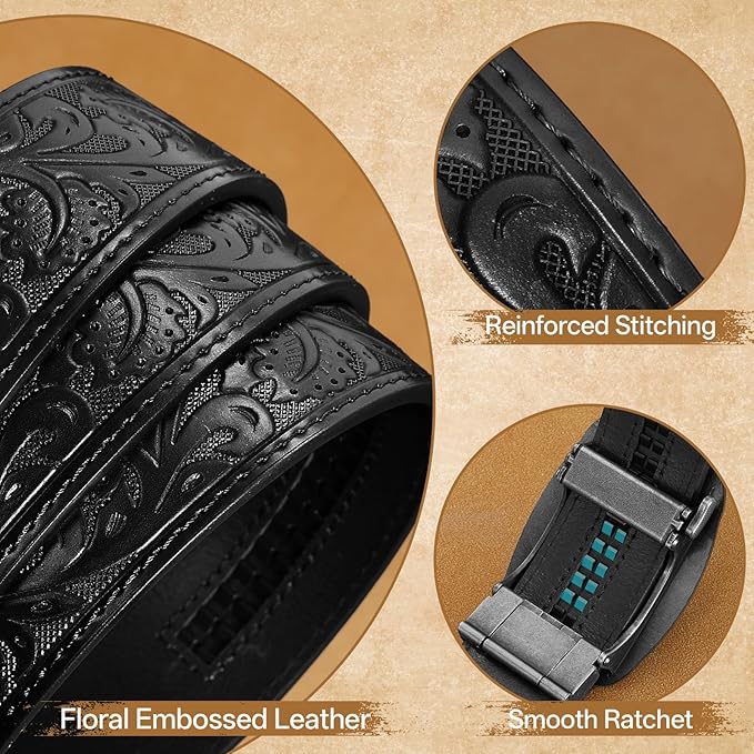 Cowboy Western Ratchet Belt for Men Women with Automatic Western Buckle, Ratchet Cowboy Leather Belt for Jeans Gifts