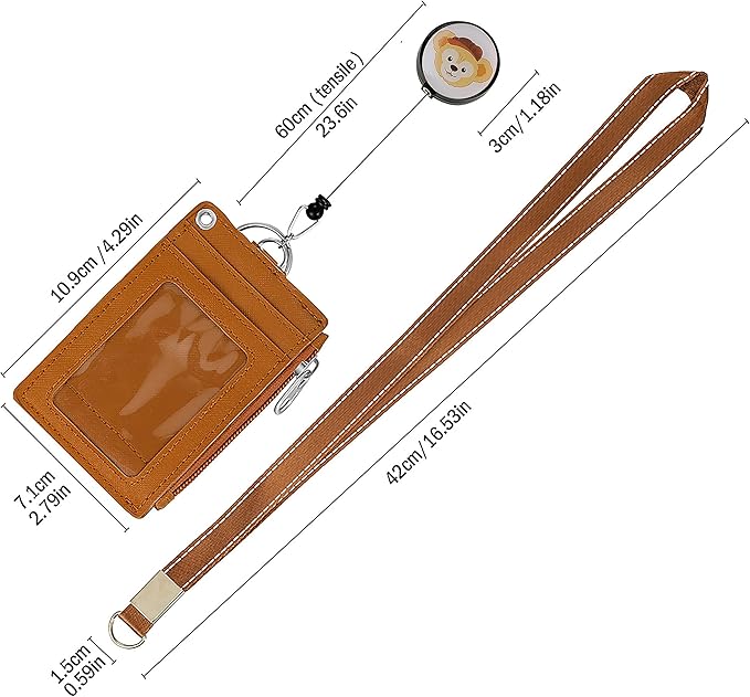 【2025 Latest】Cute ID Badge Holder Retractable Lanyard Reel Clip with Heavy Duty Carabiner, 5 Card Slots in 2 Sided with Key Ring and Zipper for Women Students Teens Girls Office Staff (Brown Duffy)