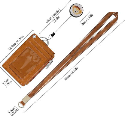 【2025 Latest】Cute ID Badge Holder Retractable Lanyard Reel Clip with Heavy Duty Carabiner, 5 Card Slots in 2 Sided with Key Ring and Zipper for Women Students Teens Girls Office Staff (Brown Duffy)
