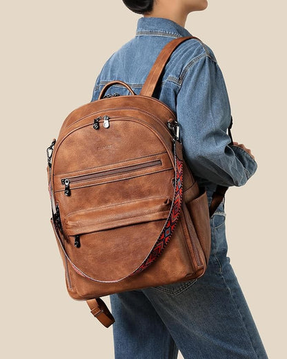 FADEON 15.6 inch Laptop Backpack Purse for Women Designer PU Leather Computer Backpacks Fashion for Work Travel Brown