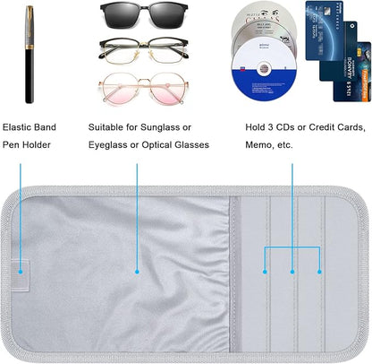 Car Sun Visor Organizer, Auto Storage Pouch with 3 CD Sleeves, Pen Holder, Strap & Pocket for Sunglass, Document, Card - Gray