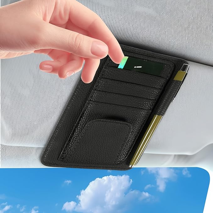 Small Leather Car Sun Visor Organizer and Insurance Card Holder, Auto Car Sun Visor Organizer, Multifunctional Auto Interior Accessories Storage Pocket for Card License Registration Document, Pen, Key
