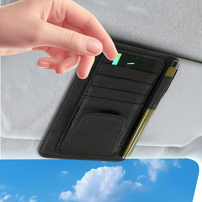 Small Leather Car Sun Visor Organizer and Insurance Card Holder, Auto Car Sun Visor Organizer, Multifunctional Auto Interior Accessories Storage Pocket for Card License Registration Document, Pen, Key