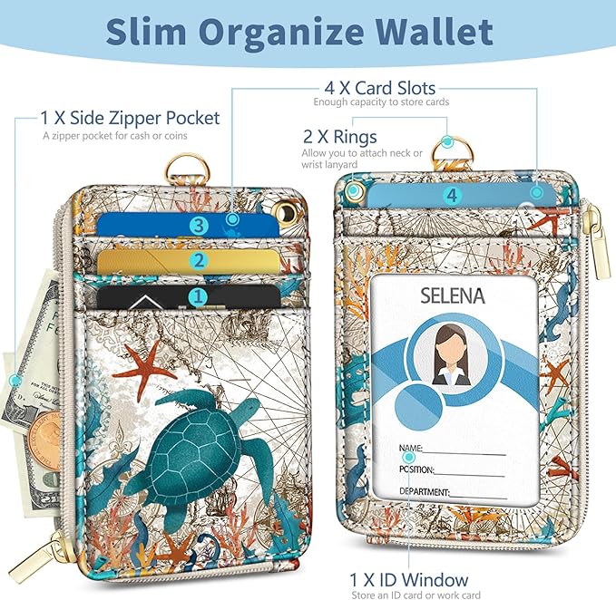 Lanyard Wallet with Id Badge Holder, Sea Turtle RFID Small Keychain Wallet Women Wristlet, Cute Zipper Credit Card Holder Phone Wrist Neck Strap for Key Name Tag, Teacher Student Office Gifts
