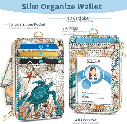 Lanyard Wallet with Id Badge Holder, Sea Turtle RFID Small Keychain Wallet Women Wristlet, Cute Zipper Credit Card Holder Phone Wrist Neck Strap for Key Name Tag, Teacher Student Office Gifts