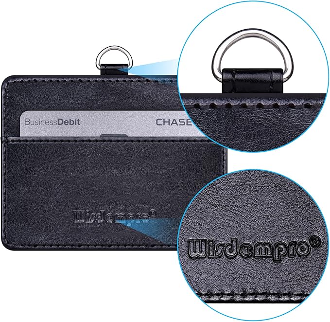 Wisdompro 2-Sided PU Leather ID Badge Holder with 1 ID Window and 1 Card Slot and 1 piece 23 Inch Adjustable Polyester Detachable Neck Lanyard Strap (Holds 3 to 4 Cards) - Black (Horizontal)