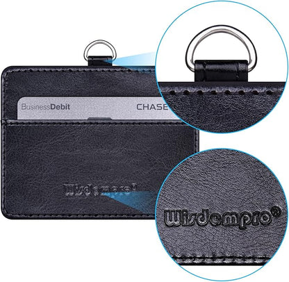 Wisdompro 2-Sided PU Leather ID Badge Holder with 1 ID Window and 1 Card Slot and 1 piece 23 Inch Adjustable Polyester Detachable Neck Lanyard Strap (Holds 3 to 4 Cards) - Black (Horizontal)