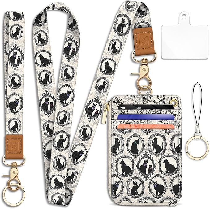 Black Cat Lanyard Wallet Credit Card Holder, Goth ID Badge Holder Keychain Wallets Women, Slim Small RFID Zipper Pocket Phone Lanyard Wristlet Wrist Strap for Name Tag Office Teacher