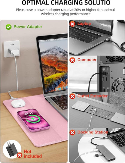 TopMade Mouse Pad with 15W Wireless Charging, XXL Large Leather Desk Mat, Waterproof Gaming Mousepad Home Office Desk Pad Protector, Computer Keyboard Pad, Mouse Mat for MacBook, PC, Laptop, Pink