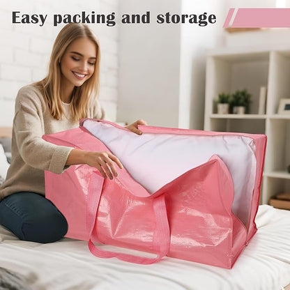 12 Pack Moving Bags with Full-Open Side Zipper, Extra Large 93L Heavy Duty Waterproof Foldable Storage Totes for College Dorm, Moving & Home Organization Pink
