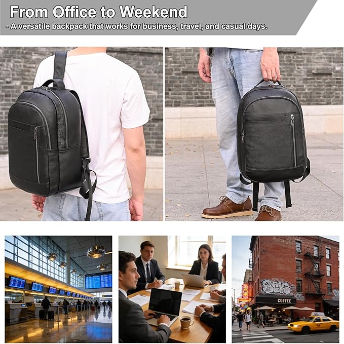 Large Capacity Black Leather Backpack for Men, 15.6 Inch Genuine Leather Laptop Backpack Business Travel Shoulder Daypacks